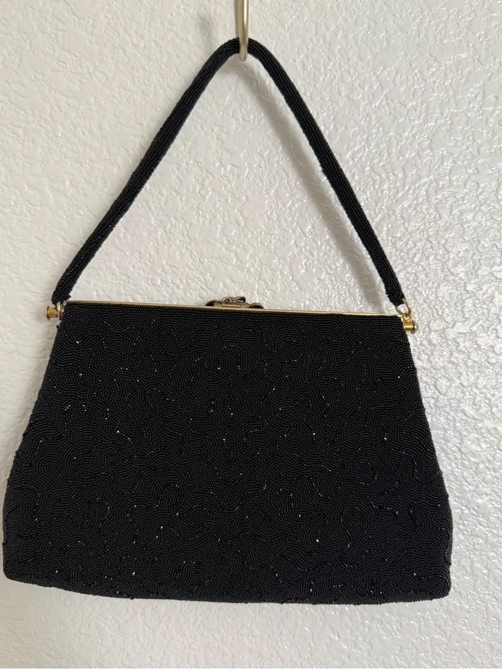 Vtg Black Beaded Evening Clutch with Crystal Knot Clasp
